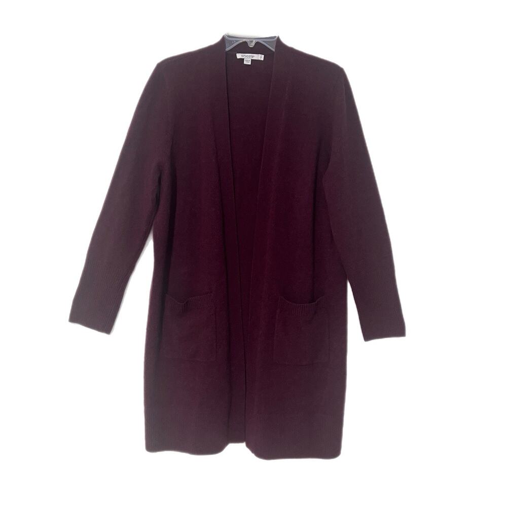 Chico's Women L Burgundy Knit Sweater Open Front Cardigan Wool Cashmere Blend